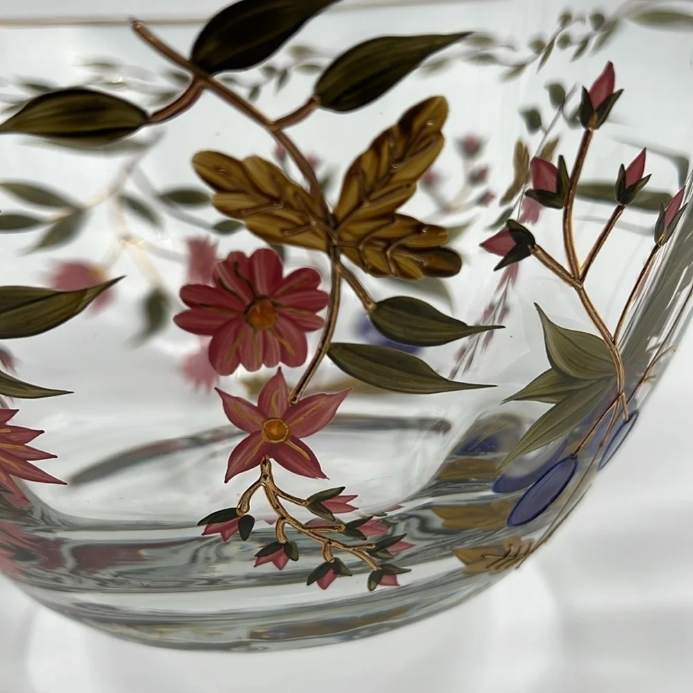 Crystal Clear Industries Hand Painted “Amelia” 11” Bowl With 22kt Gold Floral